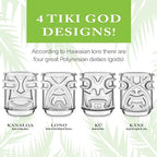 Final Touch Tiki Glasses Set of 4 - Kanaloa, Lono, Kū, Kāne Designs, 12 oz (355 ml), Clear, Stackable Totem Pole Storage, Durable Glassware for Tropical Cocktails (TK5303)