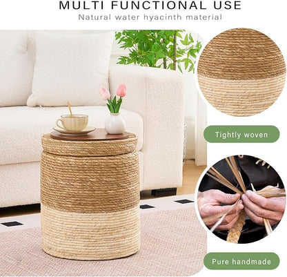 Wimarsbon Round Pouf Ottomans, Handwoven Natural Water Hyacinth Seagrass Pouffe - Image 4