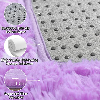 Area Rugs for Bedroom, 4x6 Fluffy Carpet Purple and White Geometric Rug | Boho - Image 4