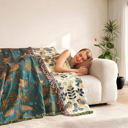 LUTBM King Throw Blanket for Bed 100% Cotton Boho Soft Rustic Quilt Birds and - Image 8