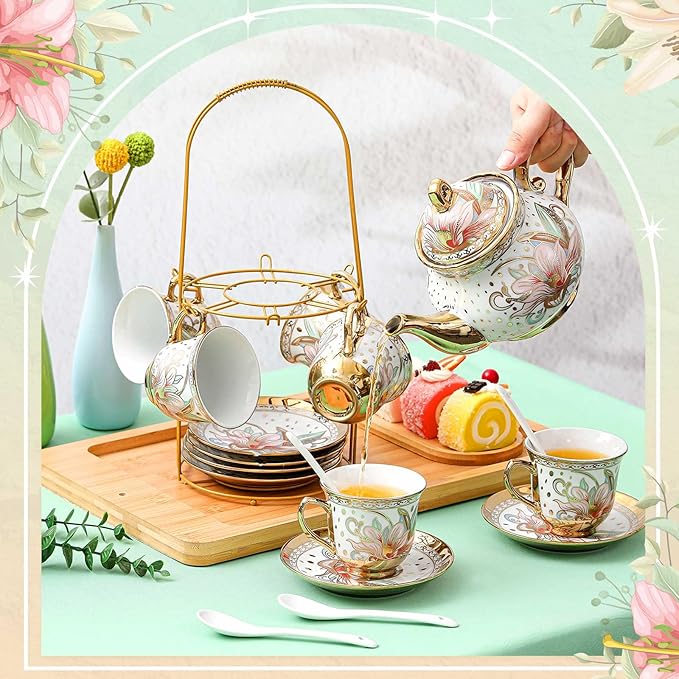 Zhehao 20 Pcs Porcelain Tea Set with Metal Holder and Spoon Adult Ceramic Tea Party Set European Flower Painting Teapot Cup Saucer Spoon Set for Women, Large Version(Traditional Style)