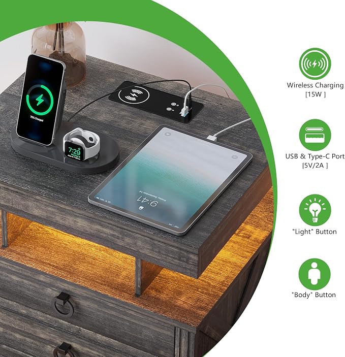 HNEBC Night Stand Set 2 with Gun Drawers, Farmhouse Nightstand with Charging - Image 4