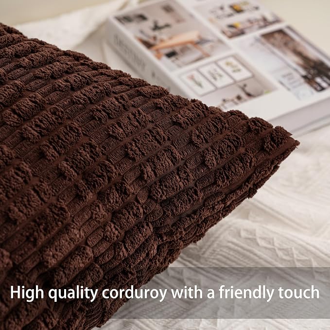 Pack of 2 Corduroy Decorative Throw Pillow Covers 18x18 Inch, Dark Brown | Fall - Image 3