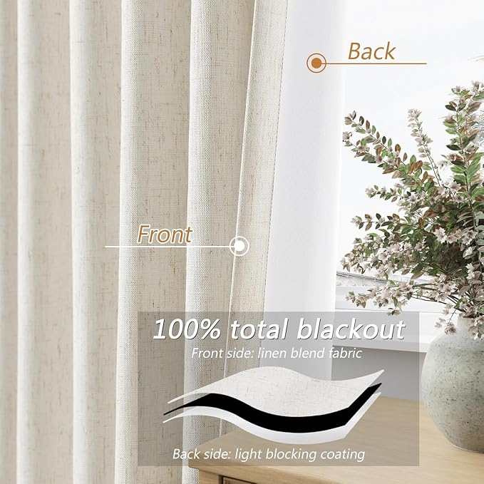 100% Blackout Linen Curtains for Bedroom 90 Inches Long Natural Cream Black Out - Image 4