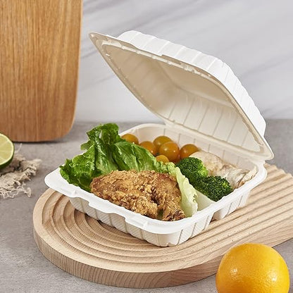 8X8" 3Compartment 50-Pack Plastic Clamshell Take Out Food Containers, Heavy Duty To-go Disposable Lunch Box For Cake, Sandwich, Salad, Dessert, Restaurant Meal Prep Packaging Catering Hinged Container