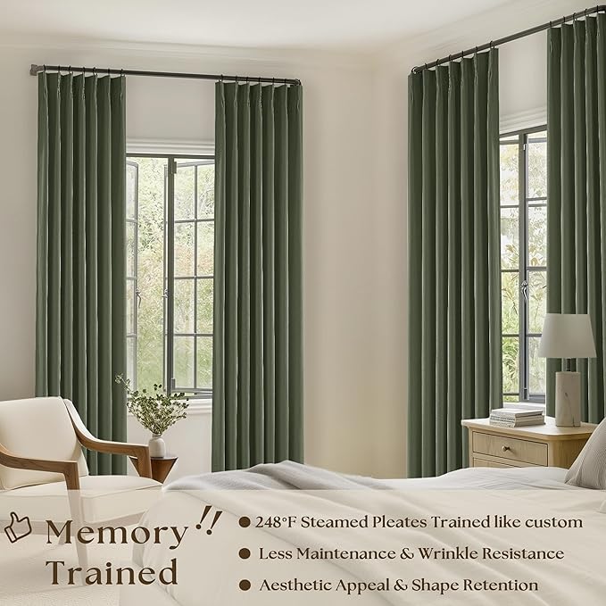 Olive Green Pleated 100% Blackout Linen Curtains 84 Inch Length | Room Darkening - Image 2
