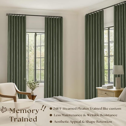 Olive Green Pleated 100% Blackout Linen Curtains 84 Inch Length | Room Darkening - Image 2