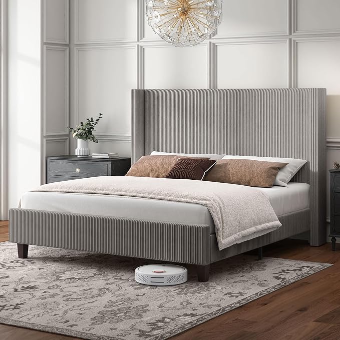 HOWE King Size Bed Frame with 50.8" Tall Wingback Headboard, Modern Corduroy by HOWE