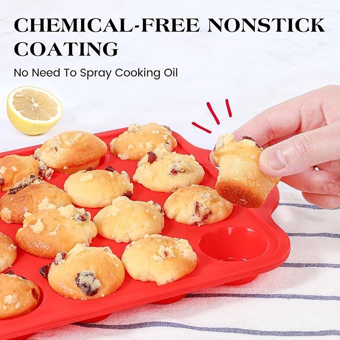 Silicone Mini Muffin Pan With Stainless Steel Reinforced Frame 24 Cups Nonstick Cupcake Molds for Baking Silicone Muffin Tray with Handles(2 Pcs, Red)