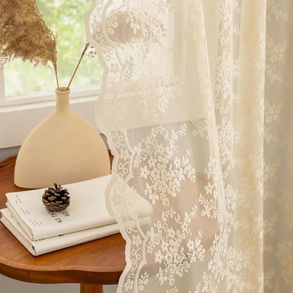 YJ YANJUN Vintage Lace Curtains 108 Inches Long-Victorian Floral Beige Sheer - Image 4