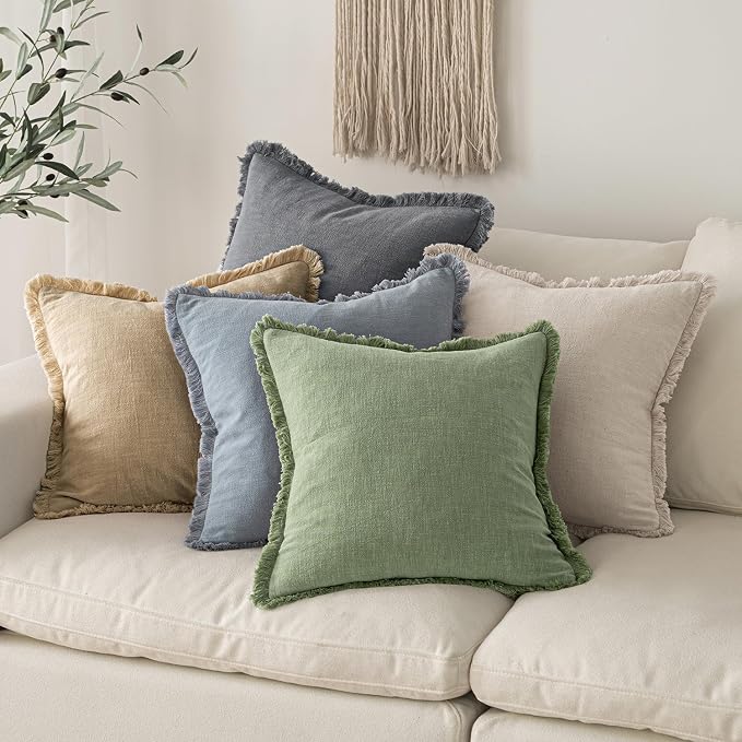 MIULEE Linen Fringe Decorative Euro Throw Pillow Covers Sage Green 26x26 | Set - Image 6