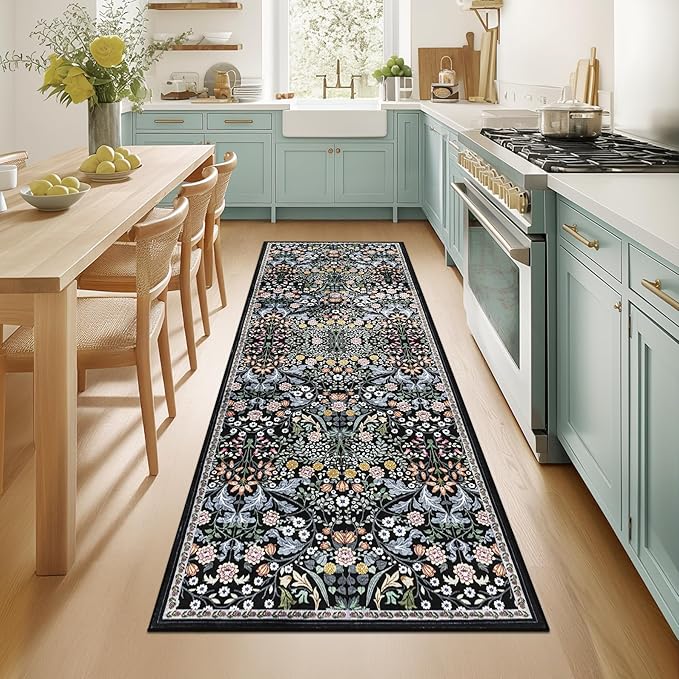 PLHXFR 2x6 Washable Runner Rug：Floral Indoor Kitchen Carpet Dark Black | by PLHXFRSoftAreaRugs