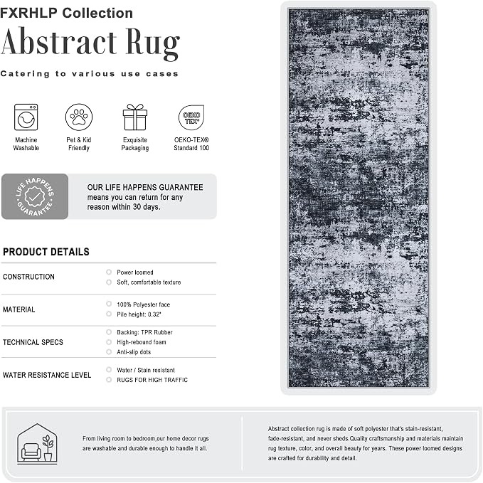 3x8 Washable Runner Rug：Modern Abstract Kitchen Carpet Black | - Image 2