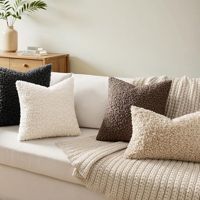 Faux Fur Throw Pillow Covers 18x18 Inch Set of 2 Boucle Neutral Decorative - Image 2