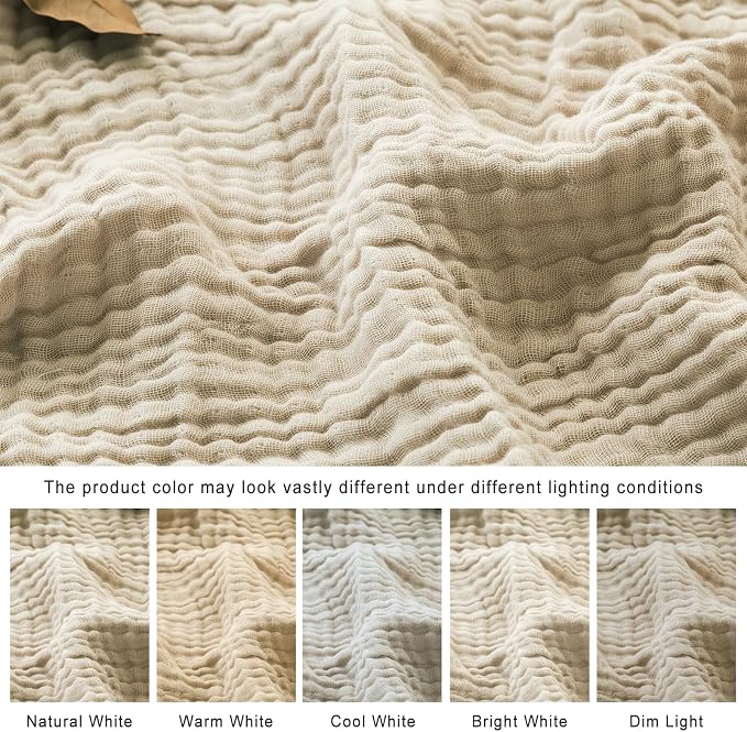 EMME Cotton Blanket Queen Size for Bed Soft Muslin Bed Blankets 90"x90" Beige - Image 7