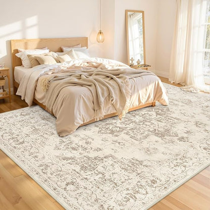 8x10 Area Rugs Living Room: Bedroom Washable Carpet Beige/Ivory | Vintage Boho - Image 2