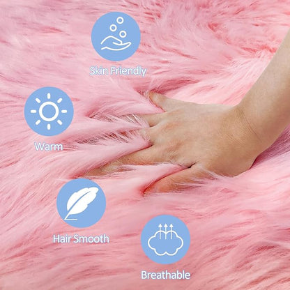 Pink 5'X5' High Pile Shag Rug, Fluffy Round Rug - Image 5