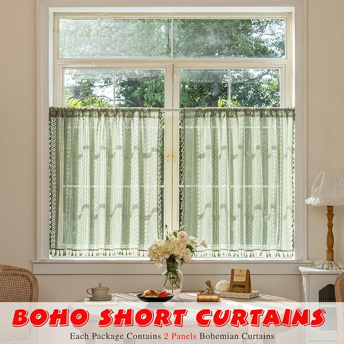 Sutuo Home Sage Green Boho Lace Short Curtains 2 Panels 50" W x 36" L | Sheer - Image 2