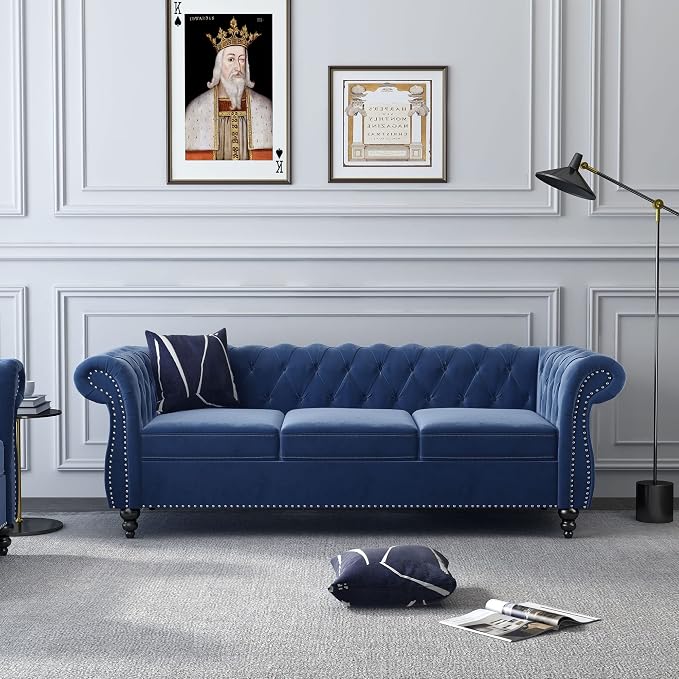 ORRD 2 Pieces Living Room Set, Velvet Couch Chesterfield Sofa Loveseat - Image 3