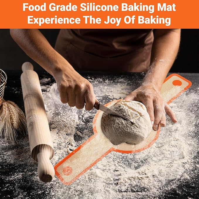 Silicone Bread Sling for Dutch Oven - 2 Pcs Non-Stick & Easy to Clean Reusable Silicone Bread Baking Mat Set with Extra Long Handles, Easy to Transfer Sourdough Bread, Gray, Orange