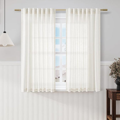 Beige White Kitchen Cafe Sheer Curtains 54 Inch Long 2 Panel Back Tab Linen by Nanspring