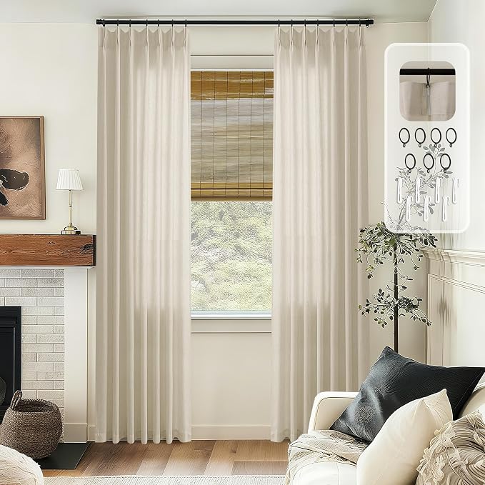 Oatmeal Pinch Pleat Linen Curtains 108 Inches Long Floor to Ceiling | Light - Image 8