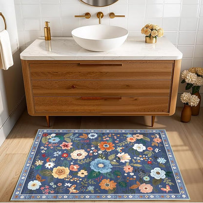 RELEANY Floral Washable 2x3 Area Rugs Doormat Blue/Grey | Flower Carpet Print - Image 2