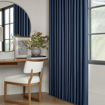 Navy Blue Pinch Pleated Full Blackout Linen 80 Inch Window Curtains | Room - Image 8