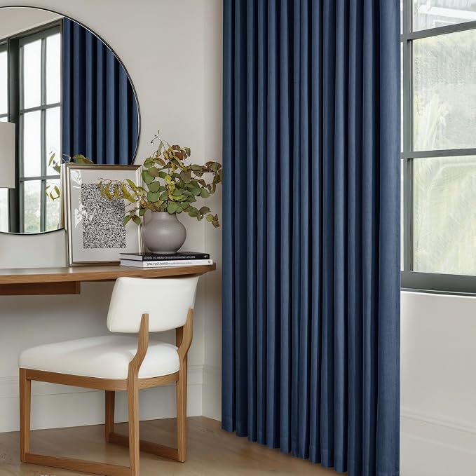 Navy Blue 100% Blackout Pinch Pleated Linen 63 Inch Curtains - Image 7