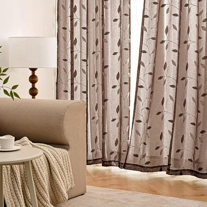 MIULEE Chocolate Brown Sheer Curtains 2 Panels Leaf Patterned, W52 x L84 | - Image 3