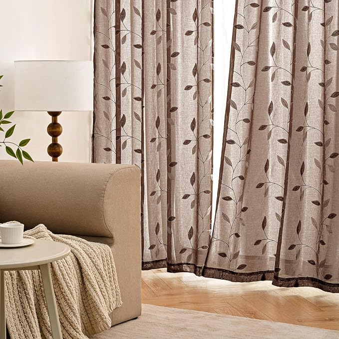 MIULEE Chocolate Brown Sheer Curtains 2 Panels Leaf Patterned, W52 x L63 | - Image 3