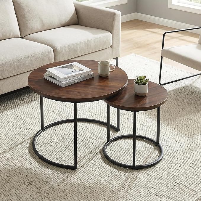 Round Nesting Coffee Table Set of 2, Modern Marble Pattern Wooden Nesting Tables by Cuizehua