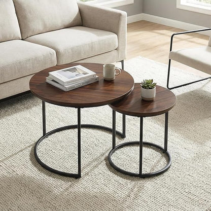 Round Nesting Coffee Table Set of 2, Modern Marble Pattern Wooden Nesting Tables by Cuizehua