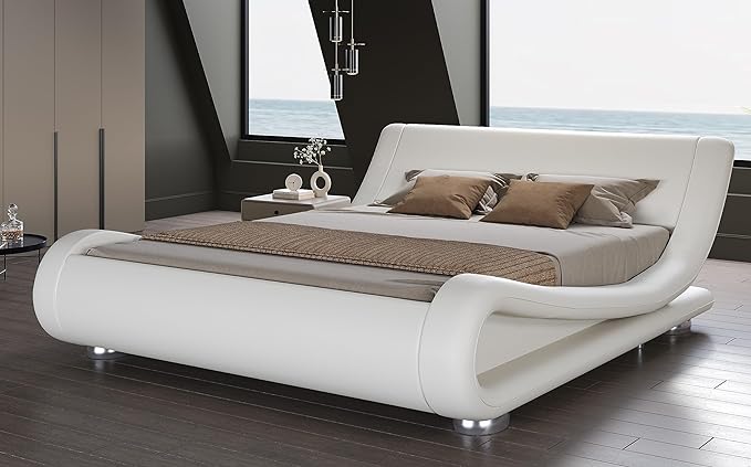 SHA CERLIN Full Size Upholstered Bed Frame, Deluxe Low Profile Sleigh Bed by SHACERLIN