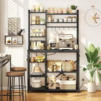 Baker Rack with Power Outlet - Microwave Stand with Storage, Large Coffee Bar Station with 14 Hooks, Metal Kitchen Shelf Rack for Spices, Pots (Rustic Black)
