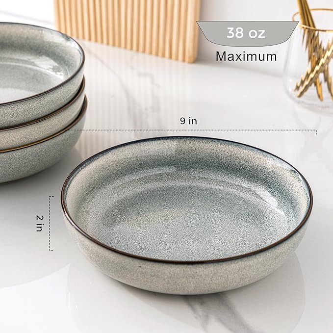 GBHOME 9'' Large Ceramic Pasta Bowls, 38oz Stoneware Pasta Serving Bowls Set of 4 for Kitchen, Wide Bowls for Fruit,Pasta,Salad,Oatmeal,Meal, Microwave Safe, Reactive Glaze-Green Wheat