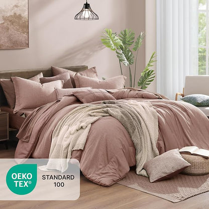 Monbix King Size Comforter Set, 7 Pieces Dusty Pink Cationic Dyeing Bed in a - Image 2