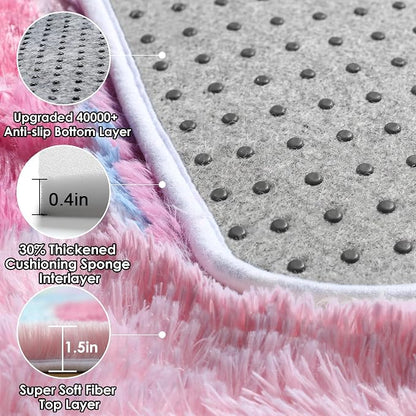 Checkered Pink Rainbow Area Rugs, Fluffy 5x8 Geometric Rug - Image 4