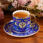 KAMMAK Tea Cups and Saucers Set of 2, Porcelain Coffee Cups with Saucer for Espresso, Cappuccino, 7oz Vintage Yellow and Blue Ceramic Demitasse Mug for Home, Tea Party, Office