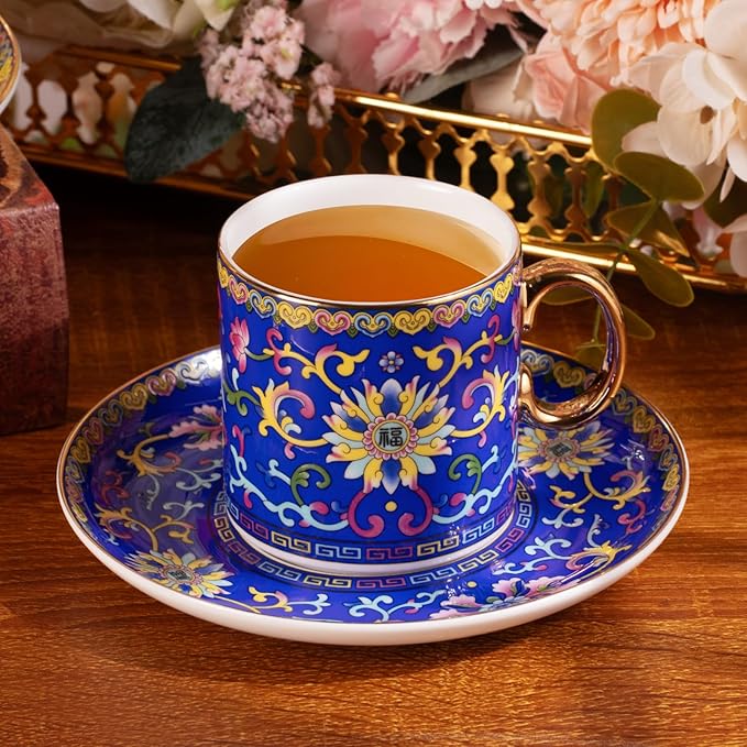 KAMMAK Tea Cups and Saucers Set of 2, Porcelain Coffee Cups with Saucer for Espresso, Cappuccino, 7oz Vintage Yellow and Blue Ceramic Demitasse Mug for Home, Tea Party, Office