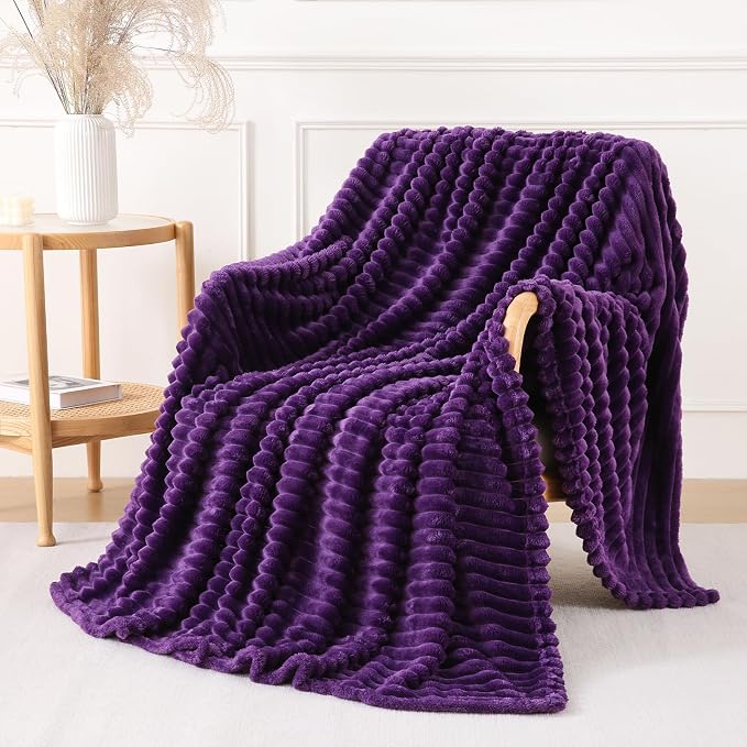 Deep Purple Throw Blanket for Couch Sofa 108"x90" Striped Design | Fleece - Image 3