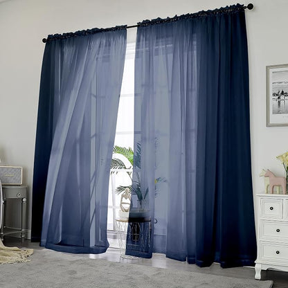 Chyhomenyc Navy Blue Sheer Curtains 84 Inches Long 2 Panels | Light Filtering - Image 2