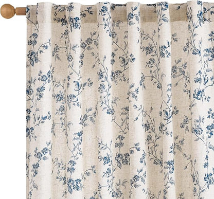 Blue Vintage Floral Linen Curtains Farmhouse 50W X 84L 2 Panels | Elisa Series by Lazzzy