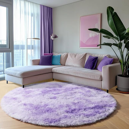 Round Rugs 5ft for Bedroom Living Room, Tie-Dyed Purple Fluffy Circle Area Rug - Image 6