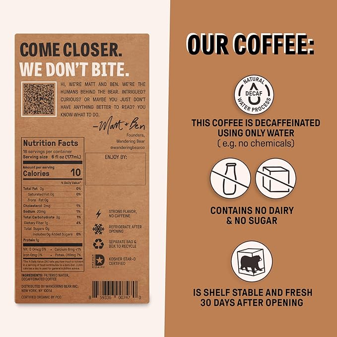 Wandering Bear Decaf Cold Brew Coffee On Tap, 96 fl oz - Bold, Smooth, Unsweetened, Shelf-Stable, Ready to Drink, Iced Cold Brewed Coffee Drinks - Gluten Free & Vegan Decaf