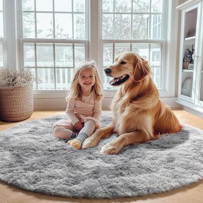 Tie-Dyed Light Grey Round Area Rugs 6ft, Ultra Soft Bedroom Circle Rug - Image 7