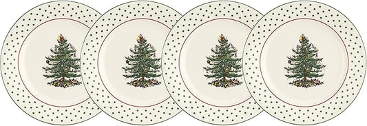 Spode Christmas Tree Polka Dot Dessert Plate (Set of 4) - Festive 8-Inch Stoneware Plates for Holiday Entertaining, Appetizers, Snacks - Microwave, Dishwasher, Freezer Safe Party Appetizer Dishes