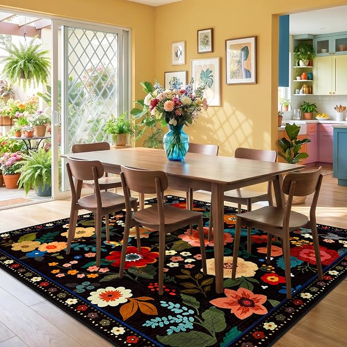 RELEANY Floral Washable Square 5ft Area Rug Black | Flower Carpet Print Boho - Image 8