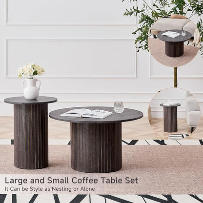 Round Nesting Coffee Table Set of 2 Mid Century Modern Wood Round Coffee Tables - Image 5