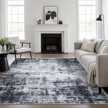 Area Rug Living Room: 8x8 Modern Washable Soft Carpet Dark Black | by FXRHLP